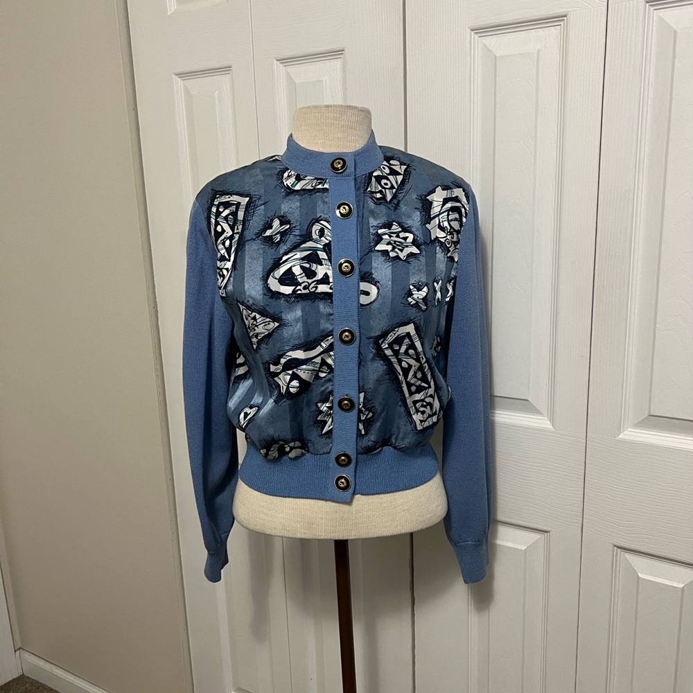 St. John Collection V9ntage Blue Knit & Silk Abstract Print Button Jacket Size P